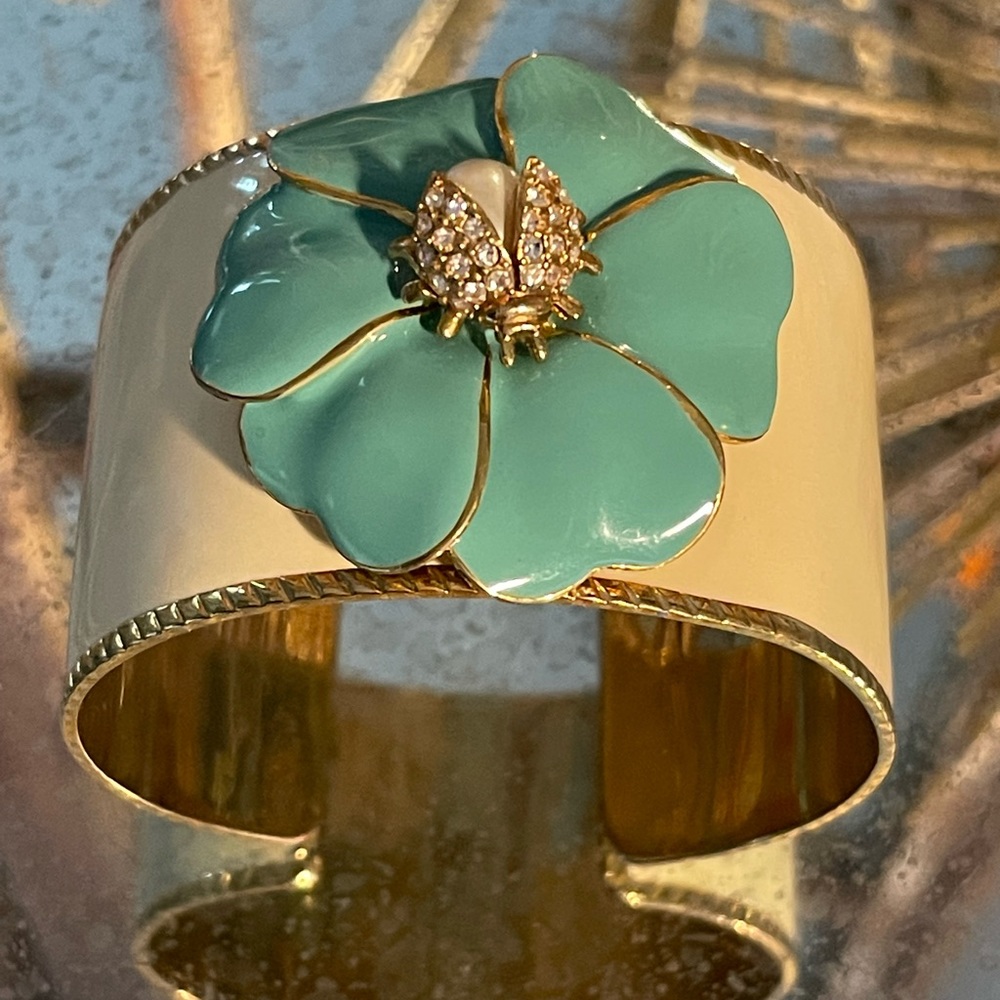 STELLA & DOT pearl & pave ladybug atop Tiffany blue flower enamel cuff bracelet